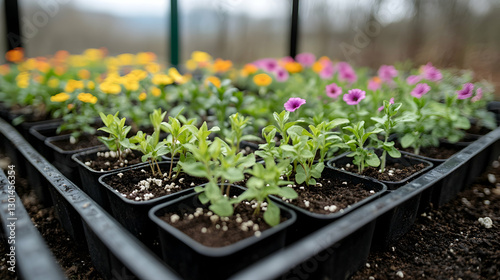 Colorful seedlings in a greenhouse tray (1)