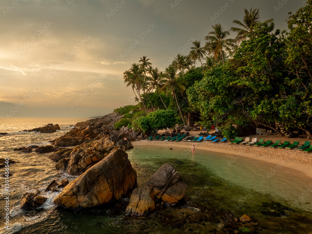 Aerial view of secret beach in Mirissa. A tropical paradise.