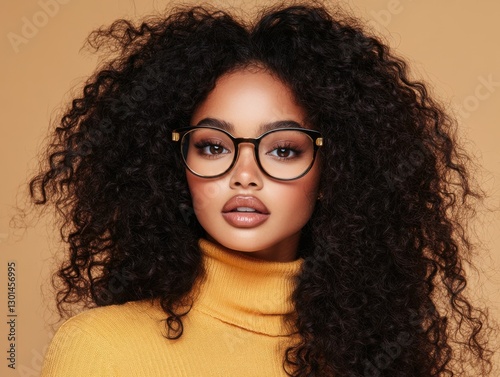 Discover the allure of a woman with gold-rimmed glasses and neutral tones, bathed in soft lighting, in a relaxed pose Explore our collection featuring models showcasing elegant eyewear, portraying