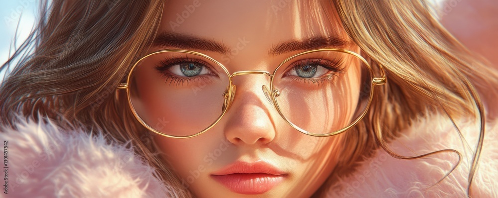 Obraz premium Discover the subtle elegance of a Minimalist woman with gold-rimmed glasses, a serene expression, and a palette of neutral colors This captivating image embodies understated beauty and sophistication