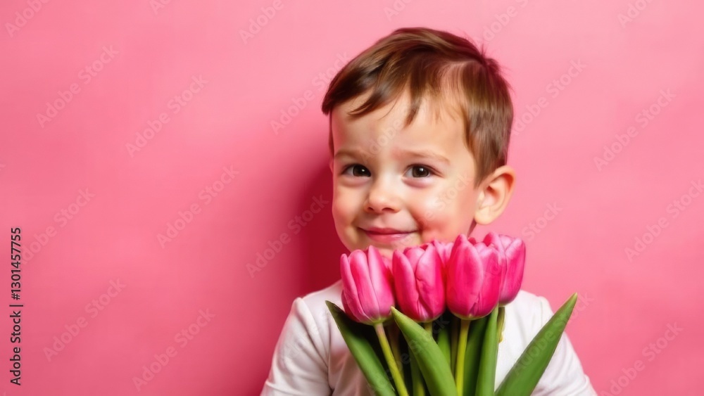 horizontal banner, portrait of a smiling little boy with blonde hair, holding a bouquet of pink tulips, mother's day, pink background, copy space, free space for text horizontal banner, portrait of a smiling little boy with blonde hair, holding a bouquet of pink tulips, mother's day, pink background, copy space, free space for text