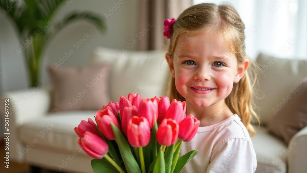 portrait of a smiling curly-haired little girl with blonde hair, bouquet of pink tulips, daughter gives a gift for mom, mother's Day portrait of a smiling curly-haired little girl with blonde hair, bouquet of pink tulips, daughter gives a gift for mom, mother's Day