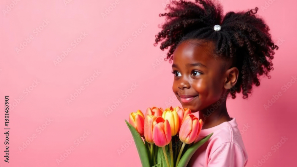 horizontal banner, portrait of a smiling little African-American girl with curly hair, holding a bouquet of pink tulips, mother's day, pink background, copy space, free space for text
