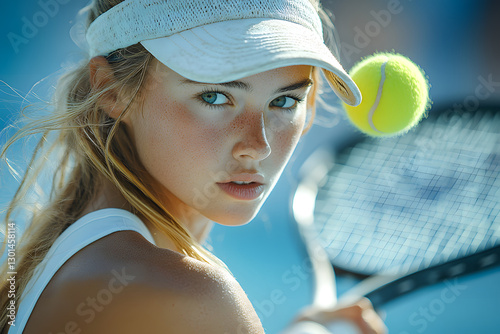 Fokussierte junge Tennisspielerin mit Visier und Ball im Spiel  
 photo