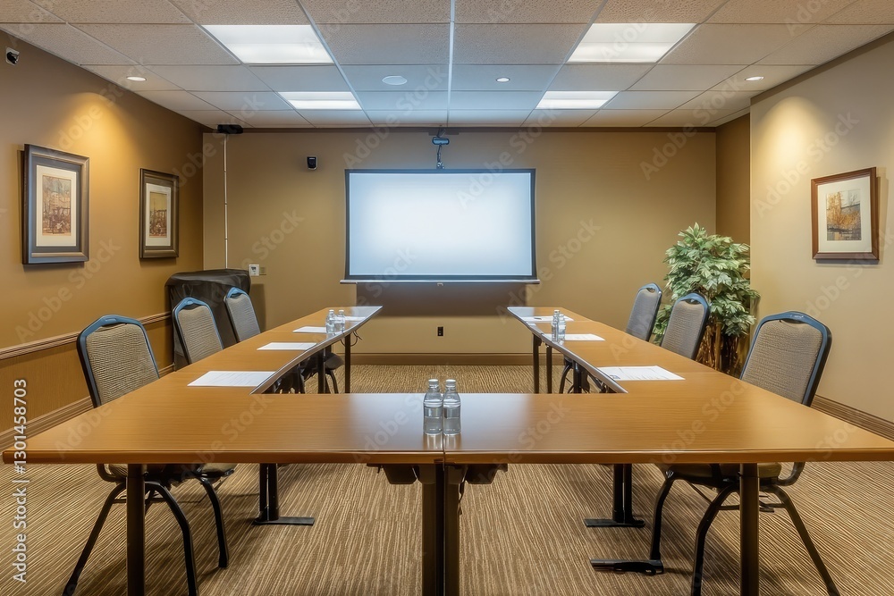 Fototapeta premium Minimalist meeting room interior with empty TV screen, modern furniture, and neutral tones. AI generated illustration.