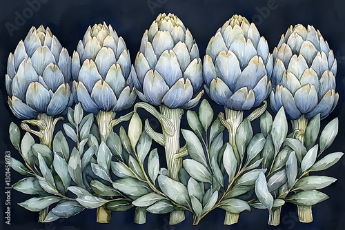 Artichokes aligned; blue floral dark background