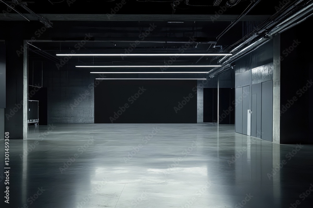 Minimal techno hall with neon accents and blank wall. AI generated illustration. Minimal techno hall with neon accents and blank wall. AI generated illustration.
