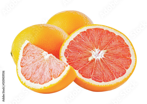 Fresh citrus fruit collection featuring sliced grapefruit and whole oranges for healthy living and cooking inspiration, cut out
