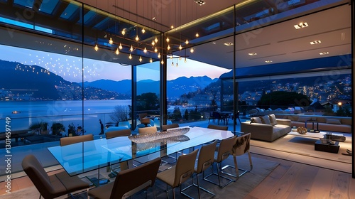 Fototapeta Naklejka Na Ścianę i Meble -  A penthouse dining area with a glass wall overlooking a beautiful lake, featuring contemporary dining furniture and elegant lighting.