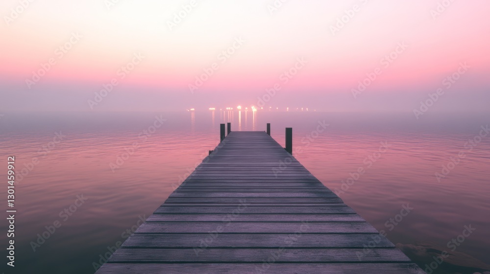 Obraz premium Serene Dusk on the Lake: A Long Wooden Dock Leading into Tranquility