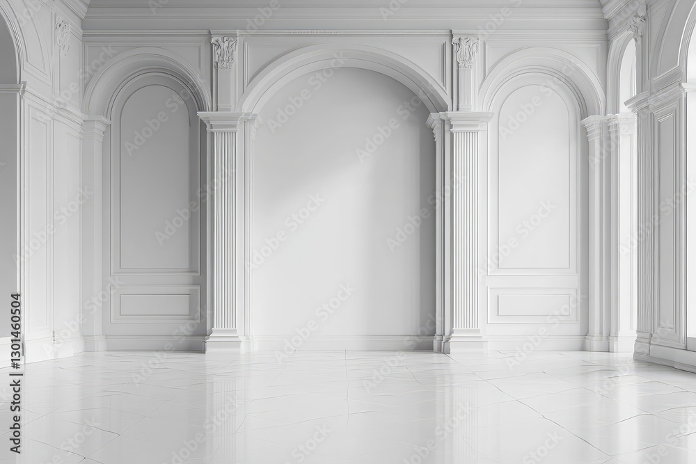 Minimalist exhibition hall with blank wall for display. AI generated illustration. Minimalist exhibition hall with blank wall for display. AI generated illustration.