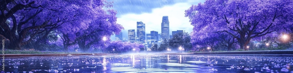 Obraz premium Enchanting Urban Park with Purple Blossoms and City Skyline Reflection on Lake at Dusk, Capturing Serene Nature and Modern Architecture Harmony