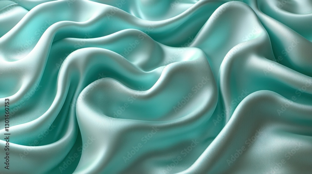 Fototapeta premium Abstract waves flow across a light teal satin fabric, studio background