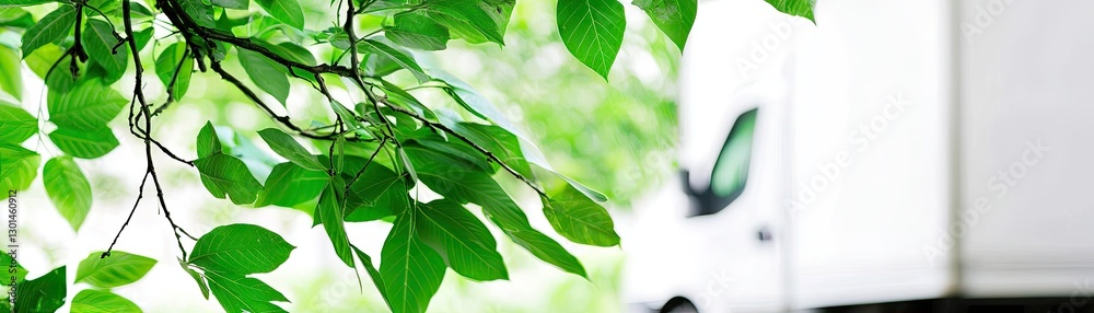 Lush leaves frame a truck Lush leaves frame a truck