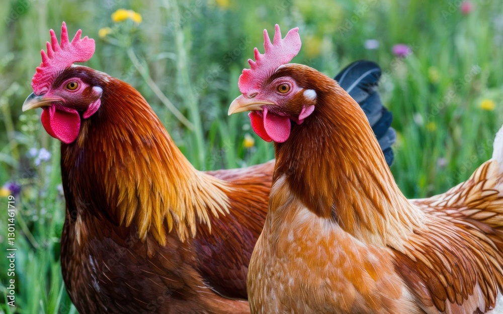 Fototapeta premium Two brown hens with vibrant red combs stand together in a lush, green field adorned with wildflowers.