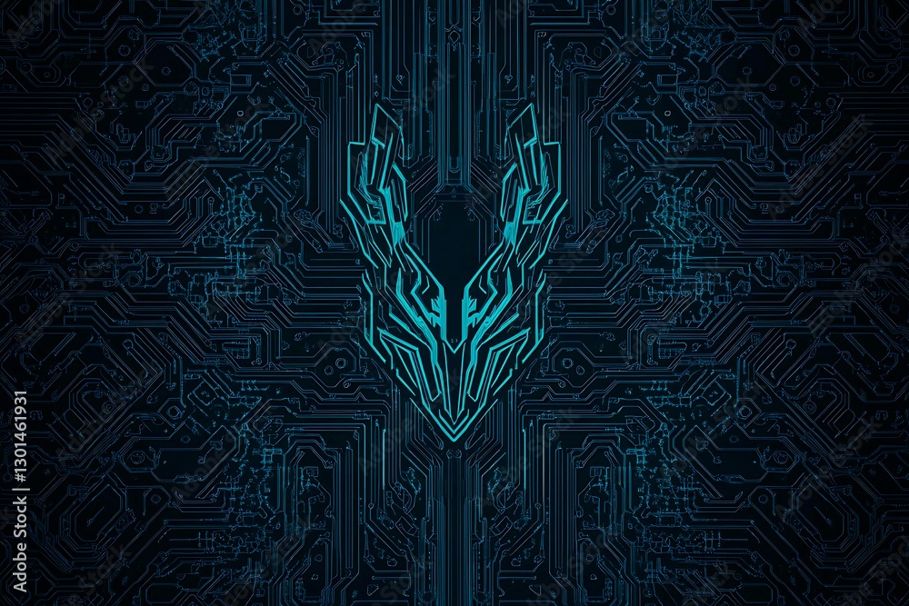 Obraz premium Abstract close-up of a glowing blue digital circuit board, showcasing intricate connections and technological design on a black background. 