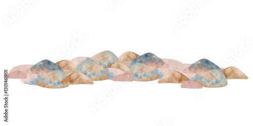 Sea pebble colorful. Pile of small smooth stones. Hand drawn watercolor illustration isolated. Element of nature landscape, nature composition. Clipart for card, print, textile, sticker