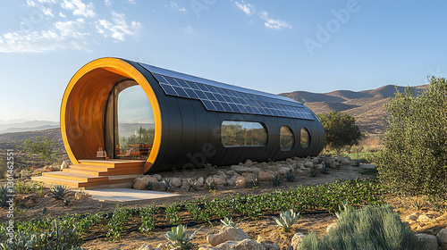 Modern, curved, sustainable home in desert landscape
