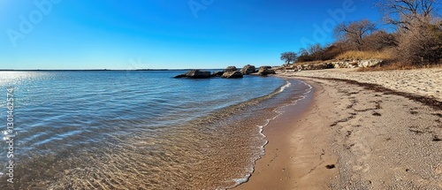 Sandy Shoreline of Lake Texoma: A Serene Landscape Under a Clear Blue Sky