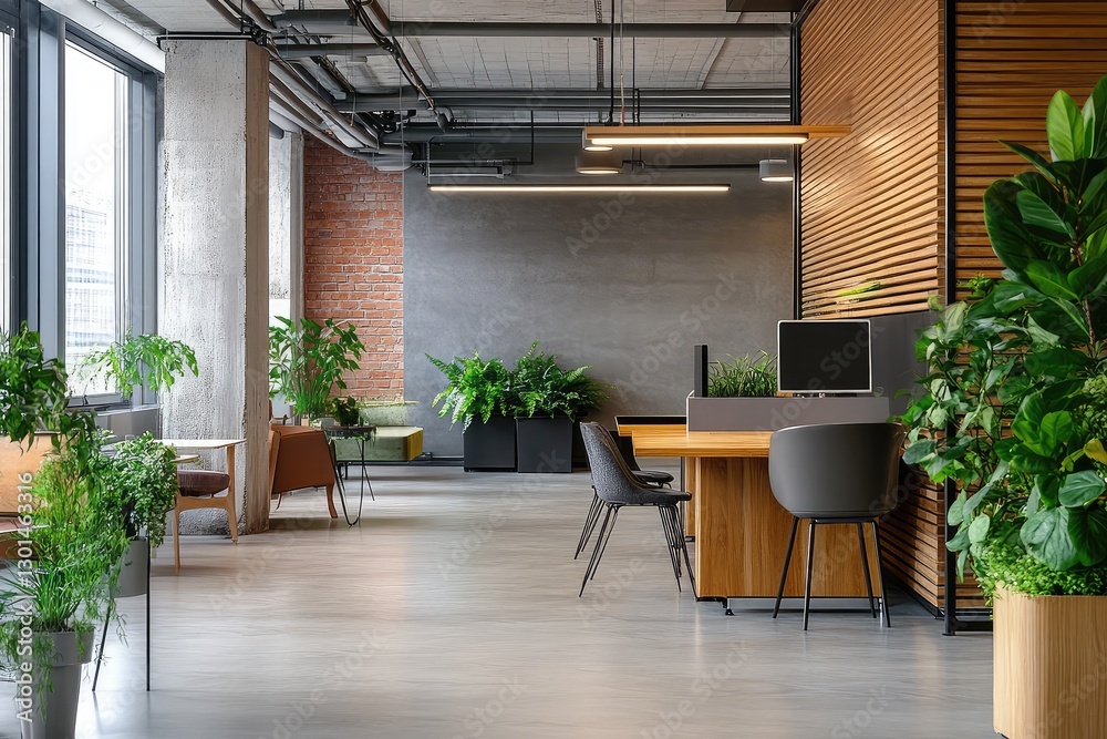Minimalistic office interior with clean design and modern furniture. AI generated illustration. Minimalistic office interior with clean design and modern furniture. AI generated illustration.