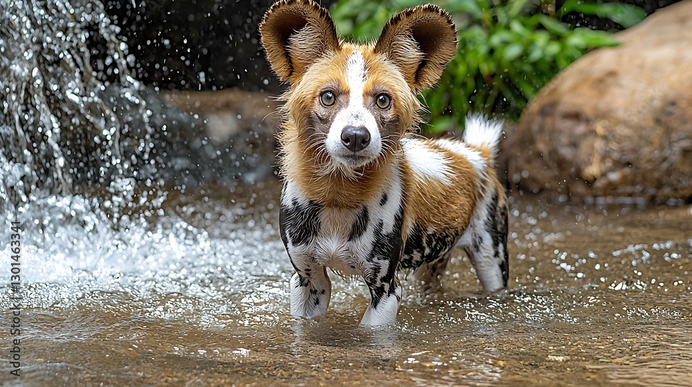 African wild dog splashing in water African wild dog splashing in water