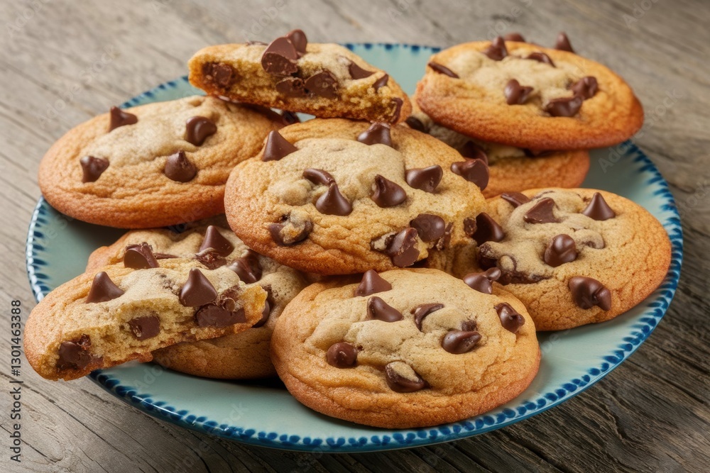 A blue plate holds a stack of freshly baked chocolate chip cookies, with one cookie partially bitten, revealing its gooey center. A blue plate holds a stack of freshly baked chocolate chip cookies, with one cookie partially bitten, revealing its gooey center.