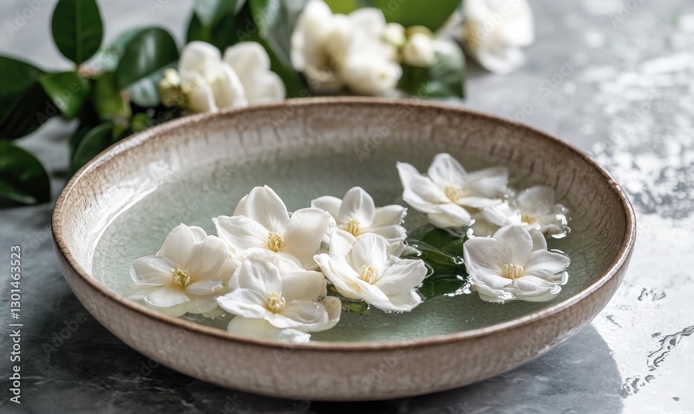 A bowl filled with white flowers in water A bowl filled with white flowers in water
