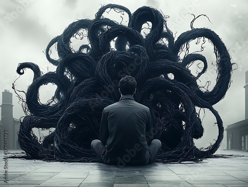 Man confronts dark entity, urban setting