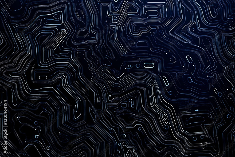 Obraz premium Abstract close-up of a glowing blue digital circuit board, showcasing intricate connections and technological design on a black background.