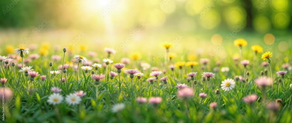 Fototapeta premium Wide view of a sunlit meadow, colorful wildflowers in bloom, soft green grass, pastel daisies and dandelions, gentle spring light, impressionistic soft focus, tranquil and peaceful atmosphere