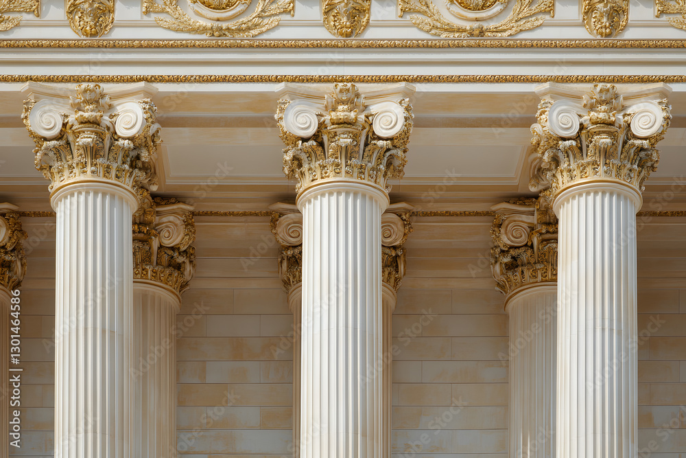 Fototapeta premium Classical Architecture: Row of detailed columns showcasing intricate carvings and golden accents, embodying timeless elegance and architectural grandeur.