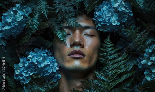 A man is surrounded by blue flowers and leaves