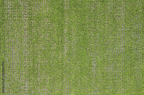 Green artificial grass. Green coating from above, texture, background. Decorative grass for decoration. Landscape design covering. Faded cover with grass imitation. Shaggy texture, backdrop of carpet