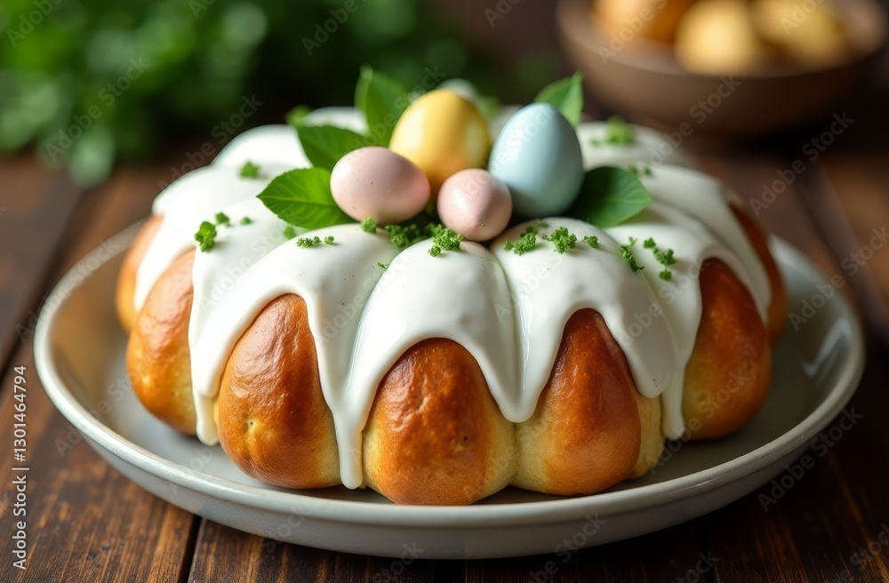 Close-up photograph of a traditional Easter kulich on a festive table. Perfect for holiday promotions, bakery branding, and food blogs. High-quality image with warm lighting, rich textures Close-up photograph of a traditional Easter kulich on a festive table. Perfect for holiday promotions, bakery branding, and food blogs. High-quality image with warm lighting, rich textures