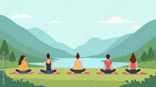 Outdoor Group Meditation, Serene Lakeside Yoga Retreat in a Mountain Landscape