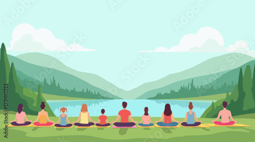 Outdoor Group Meditation, Serene Lakeside Yoga Retreat in a Mountain Landscape
