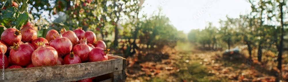 Rustic wooden crate filled with fresh pomegranates, orchard trees in background, blurred pathway, natural light, organic fruit farm, autumn harvest, promotional space. Rustic wooden crate filled with fresh pomegranates, orchard trees in background, blurred pathway, natural light, organic fruit farm, autumn harvest, promotional space.