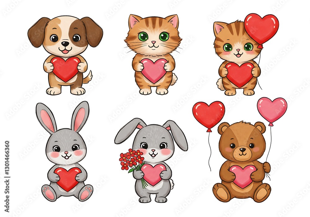 Fototapeta premium Adorable Cartoon Animals with Hearts: A Sweet Valentine's Day Illustration