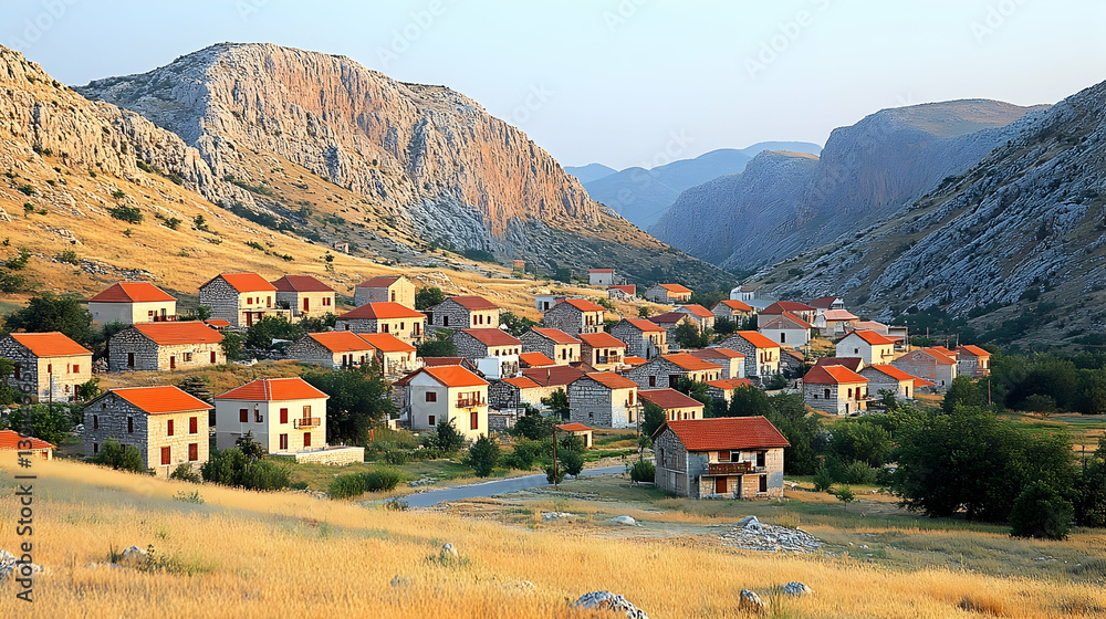 Fototapeta premium Mountain village nestled in a valley