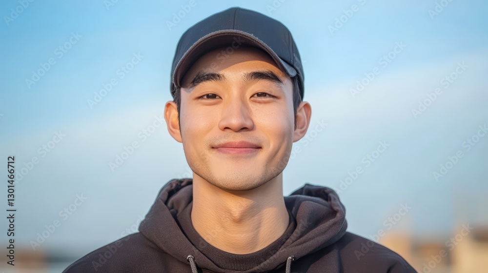 Young man smiling outdoors with a cap and hoodie against a clear sky backdrop Young man smiling outdoors with a cap and hoodie against a clear sky backdrop