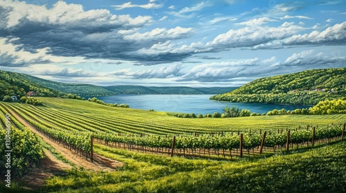 Wallpaper Mural Breathtaking Vineyard Lake Views: Rolling Fields, Lush Green Vines, and Serene Waters in Finger Lakes Wine Country, NY Torontodigital.ca