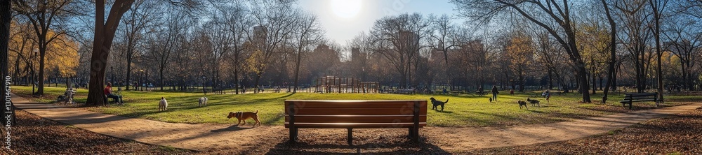 Dog park with a vibrant autumn atmosphere and dogs playing freely. Generative AI Dog park with a vibrant autumn atmosphere and dogs playing freely. Generative AI