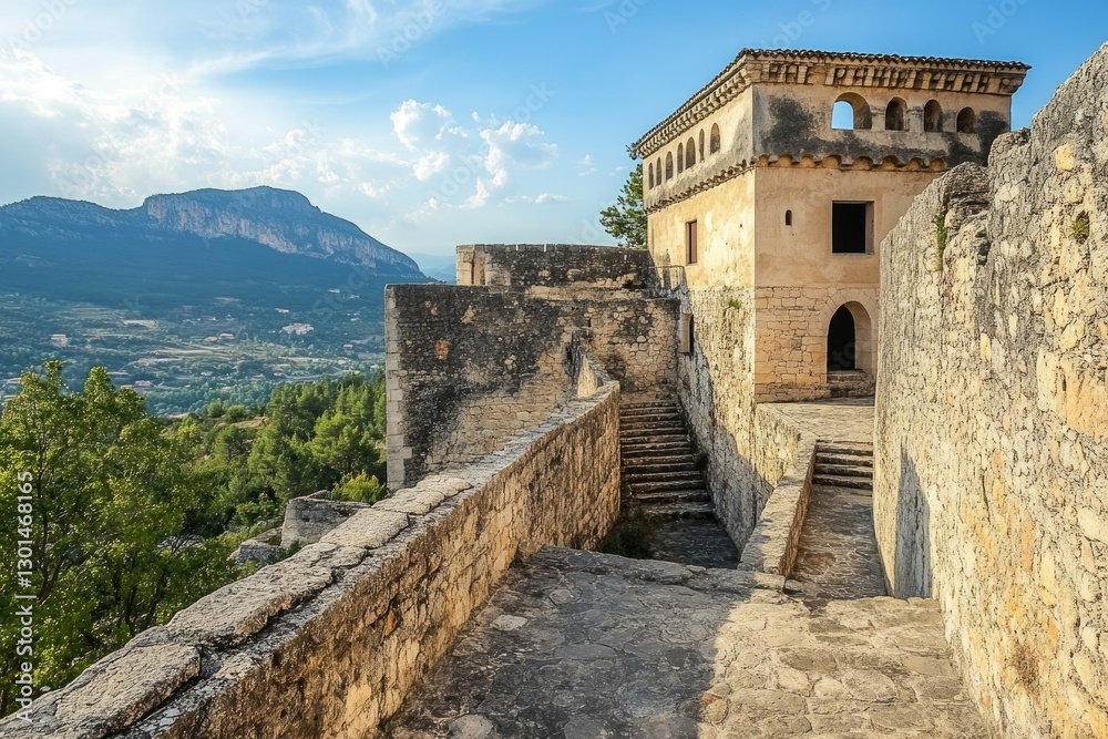 Fototapeta premium Historic Fortress: Ancient Stone Prison Interior of Xativa Castle in Europe