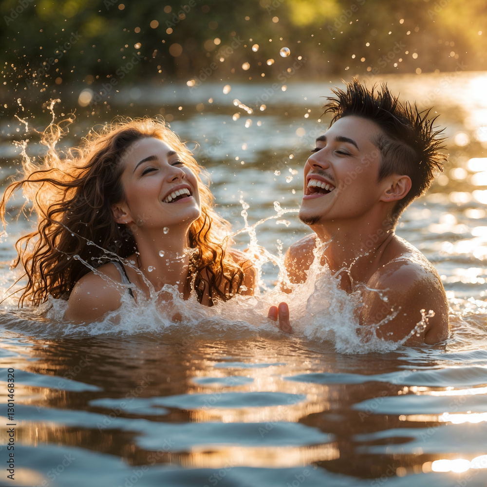 Obraz premium Laughing couple splashing in a lake at sunset, enjoying a fun and carefree summer moment surrounded by nature and golden sunlight