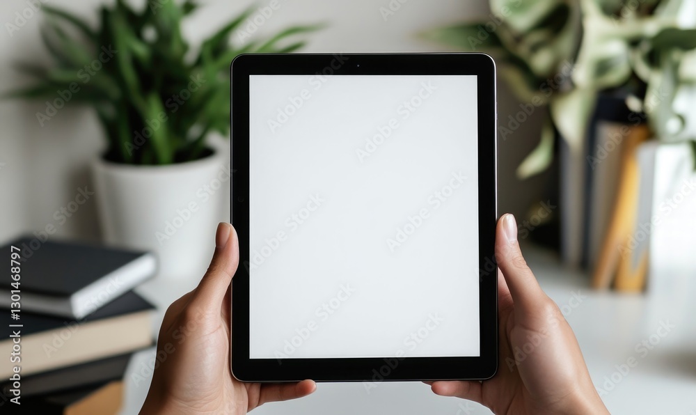 A person is holding a tablet with a white screen A person is holding a tablet with a white screen