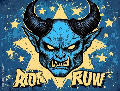 Blue Demon Head, Starburst Background