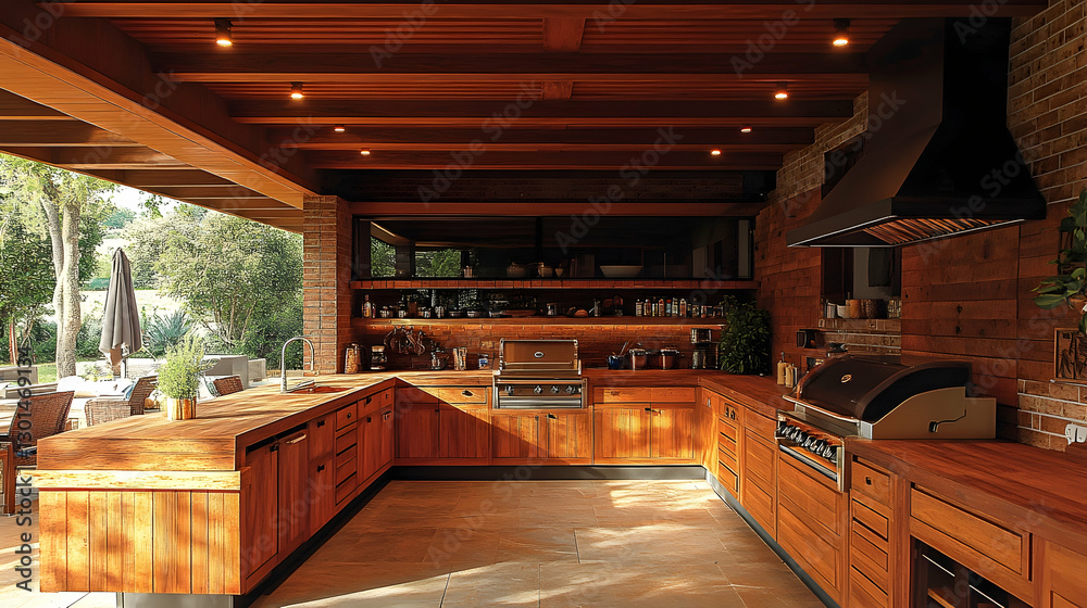 Outdoor Wooden Kitchen with Patio View Outdoor Wooden Kitchen with Patio View
