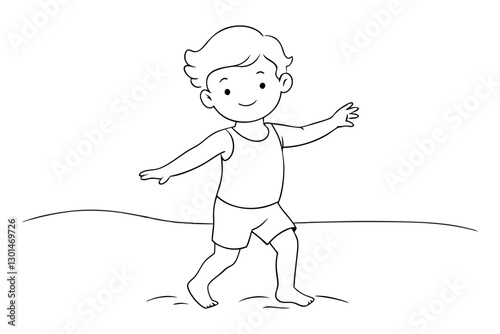 Toddler Dancing at the Beach Coloring Book Illustration