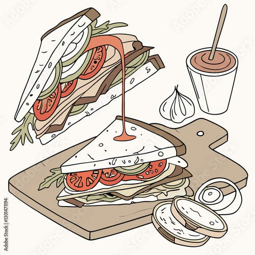 Realistic vector artwork of a full-body club sandwich