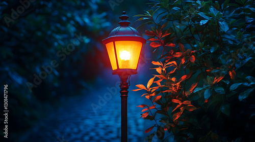 Luminous lamppost in a twilight garden photo